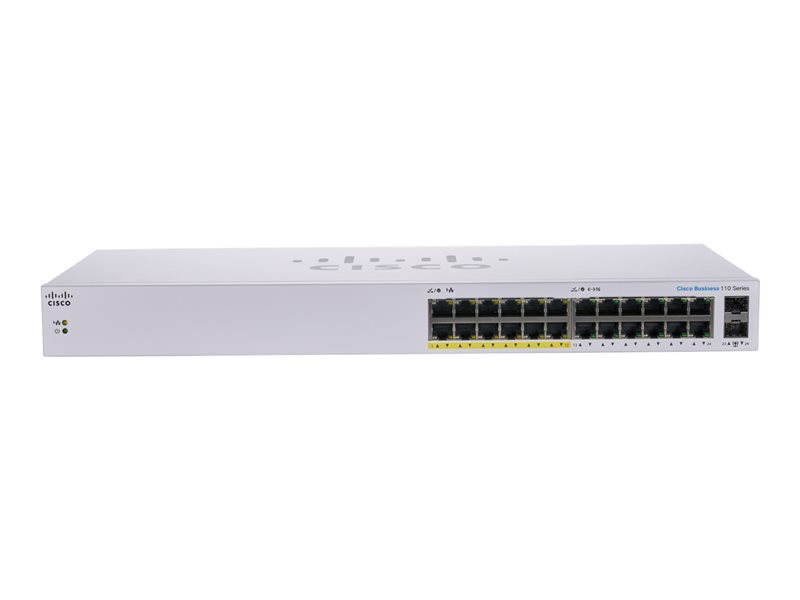 Cisco Business 110 Series 110-24PP - Switch - unmanaged - 12 x 10/100/1000 (PoE) + 12 x 10/100/1000 + 2 x combo Gigabit SFP - desktop, rack-mountable, wall-mountable - PoE (100 W) 1 1Connect Ltd - Bringing IT and Communications Together