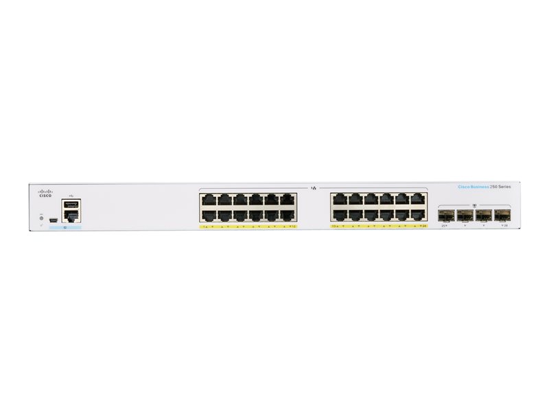 Cisco Business 250 Series CBS250-24FP-4G - Switch - L3 - smart - 24 x 10/100/1000 (PoE+) + 4 x Gigabit SFP - rack-mountable - PoE+ (370 W) 1 1Connect Ltd - Bringing IT and Communications Together