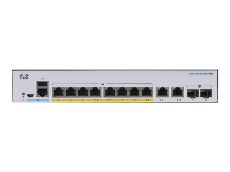 Cisco Business 250 Series CBS250-8P-E-2G - Switch - L3 - smart - 8 x 10/100/1000 (PoE+) + 2 x combo Gigabit Ethernet/Gigabit SFP - rack-mountable - PoE+ (67 W) 1 1Connect Ltd - Bringing IT and Communications Together