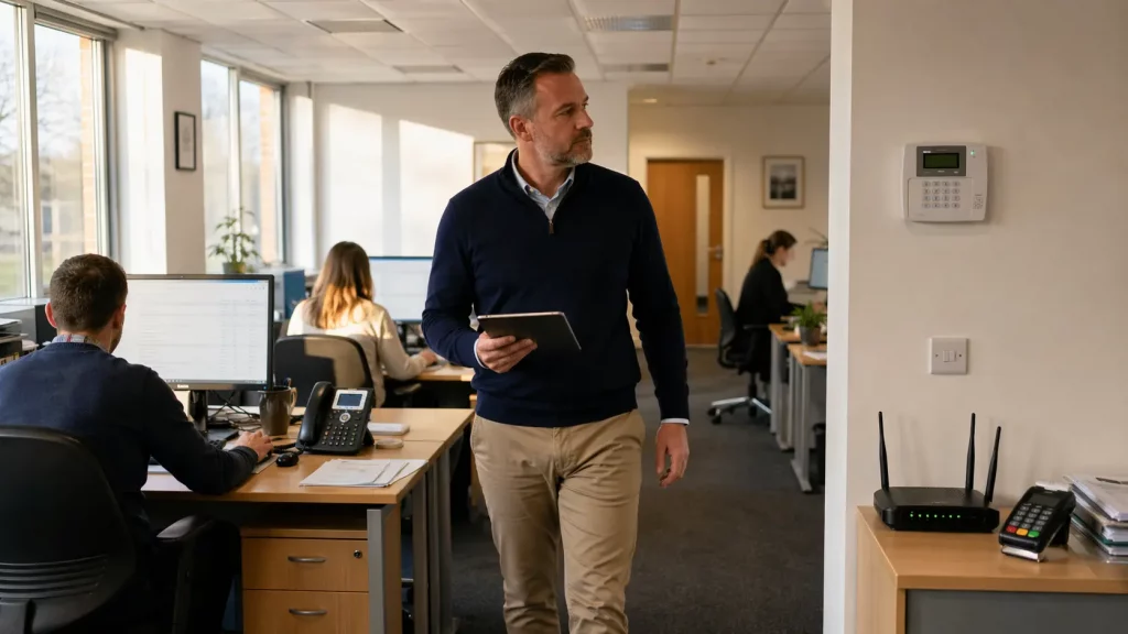 Business owner auditing equipment ahead of the digital landline transition