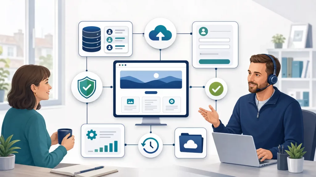 Secure digital business system showing website data protection maintenance and support