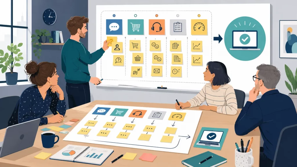Small business team mapping business problems before choosing digital software