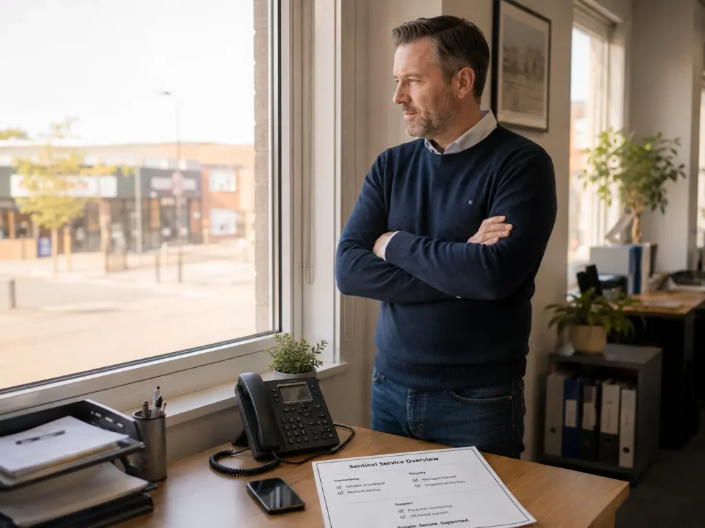 A UK SME leader with a clear path forward after reviewing managed infrastructure accountability options, with a Sentinel service overview on the desk and a calm, resolved outlook.