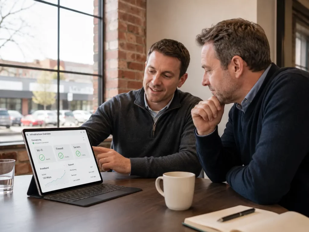 A managed infrastructure conversation in progress, with a single accountable team providing one clear infrastructure overview instead of multiple fragmented supplier reports.