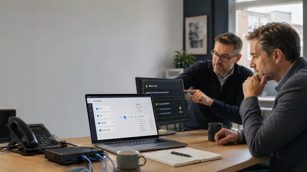 UK SME owner and IT consultant reviewing AI integration and cyber risk on business systems