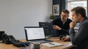 UK SME owner and IT consultant reviewing AI integration and cyber risk on business systems
