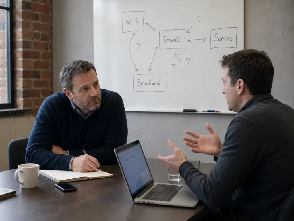 An SME leadership conversation about fragmented infrastructure responsibility, with separate supplier boxes drawn on a whiteboard highlighting the accountability gap between network, security and connectivity.