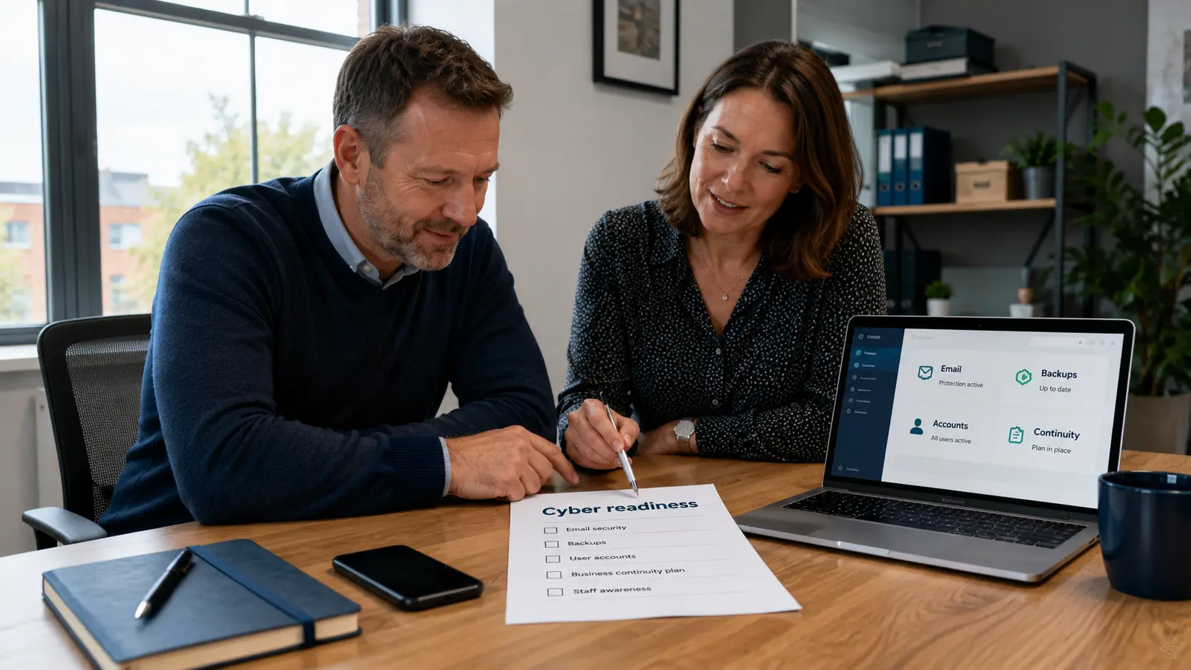 UK SME team reviewing a cyber readiness for small businesses checklist in a modern office