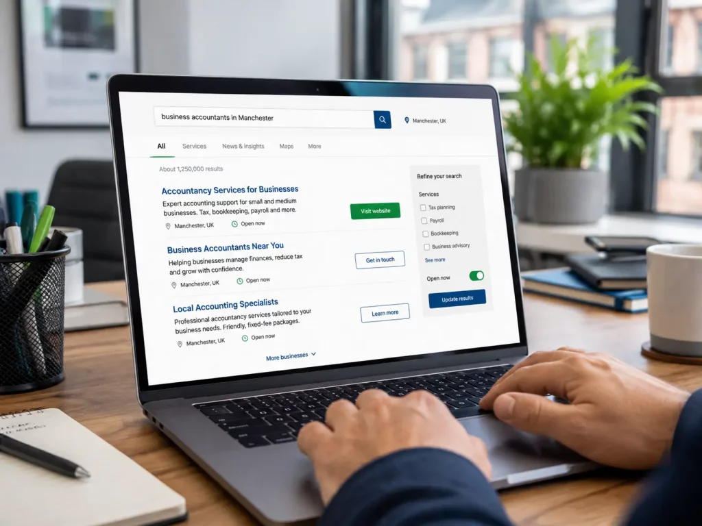 Person reviewing search results for business services online