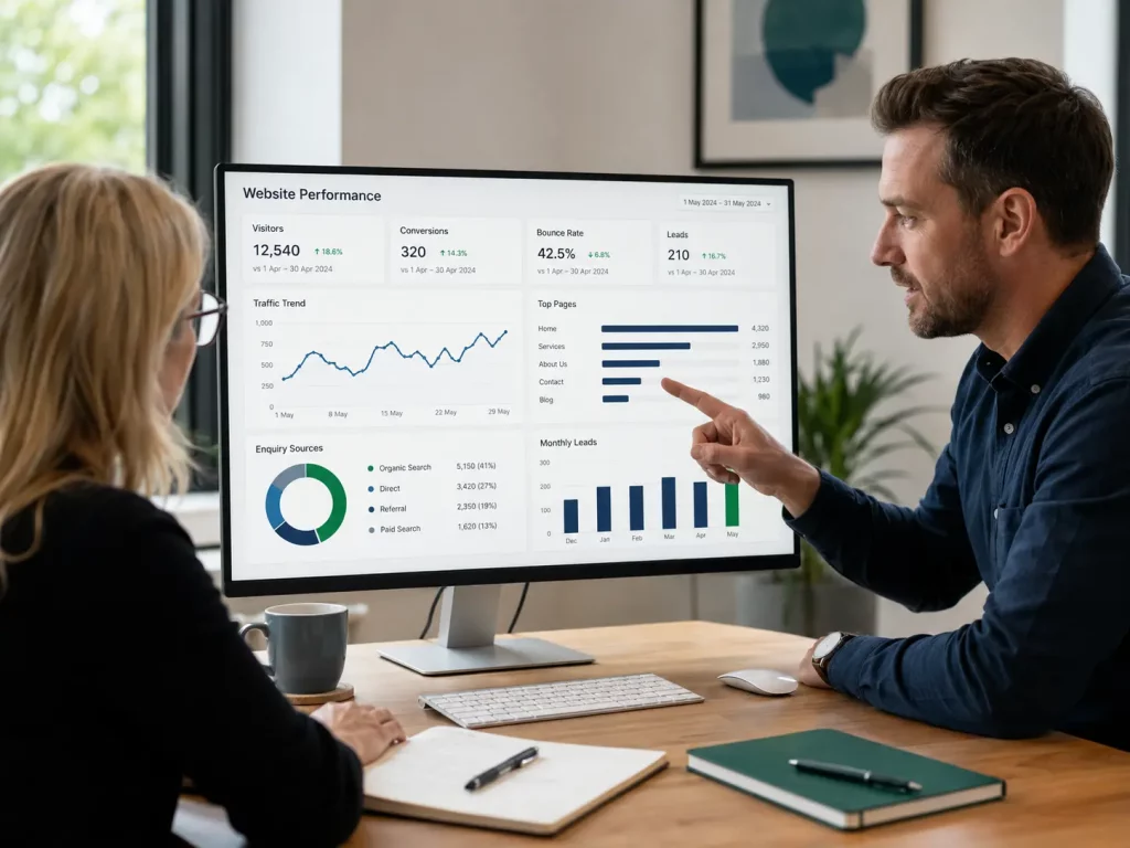 Business team reviewing website performance and analytics