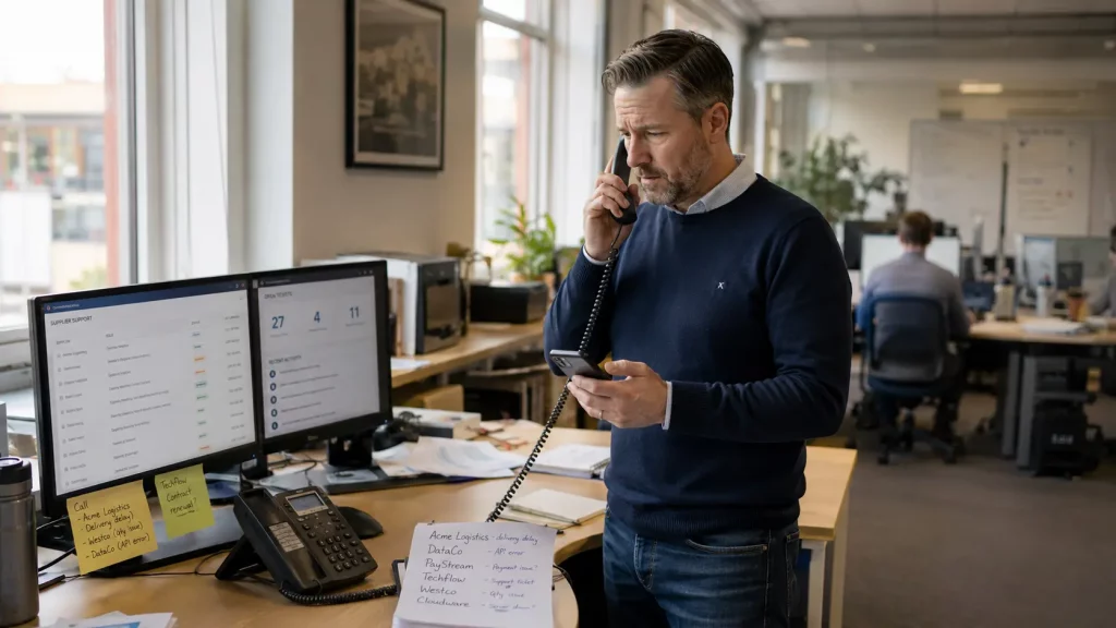 A UK office manager juggling multiple supplier contacts, illustrating the hidden cost of split IT responsibility and the need for managed infrastructure accountability.