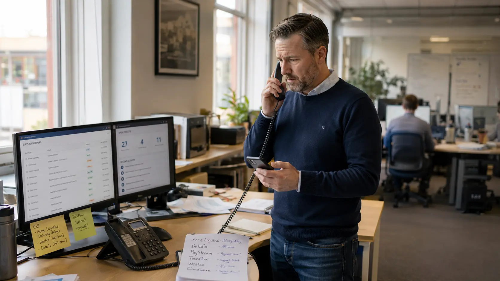 A UK office manager juggling multiple supplier contacts, illustrating the hidden cost of split IT responsibility and the need for managed infrastructure accountability.