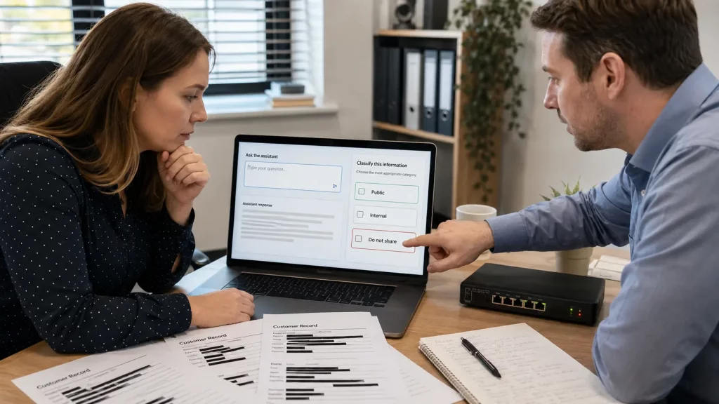 Office team reviewing data boundaries before using AI tools in a small business