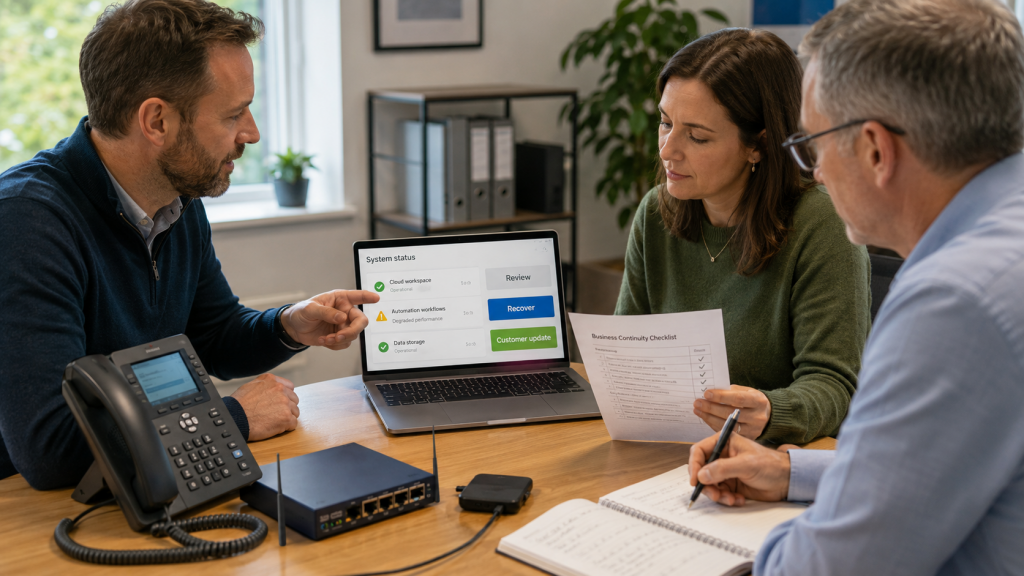 Small business team reviewing recovery steps for an AI workflow or technology outage