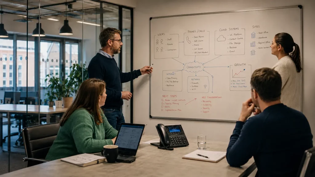 SME team mapping business connectivity requirements before renewal.