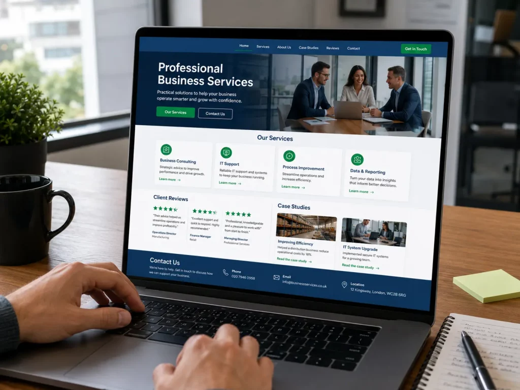 Business website layout showing service information and customer confidence signals
