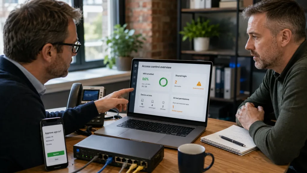Business owner reviewing AI tool permissions MFA and device access with a technology adviser