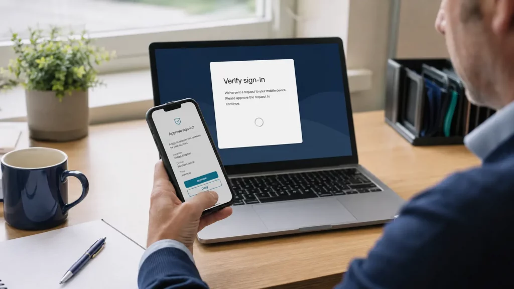 Small business employee using two-factor authentication to protect important accounts