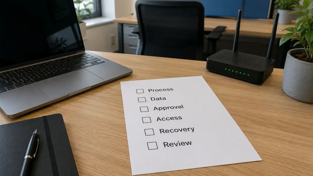 AI integration and cyber risk checklist showing process data approval access recovery and review