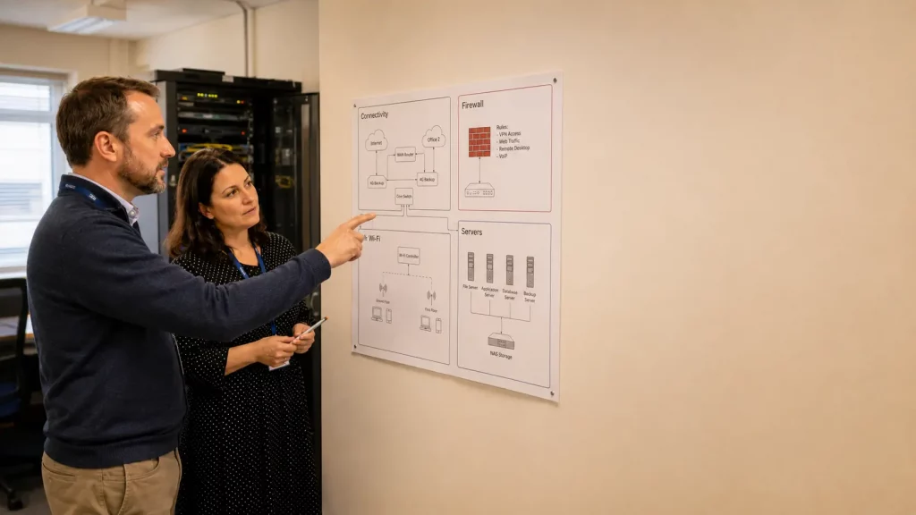 UK office team reviewing infrastructure dependencies before patching