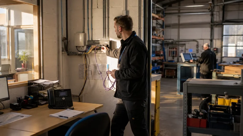 Technician tracing infrastructure dependencies in a UK SME workspace