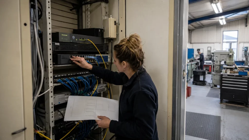 Engineer tracing the firewall and network boundary for a Cyber Essentials scope review