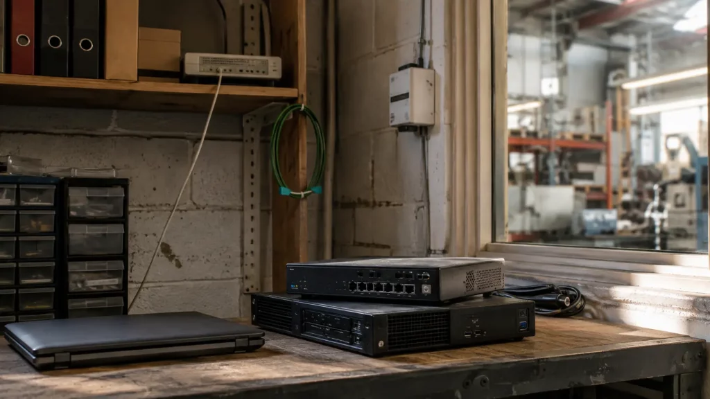 Supported business equipment reviewed alongside a forgotten router with an update-management gap