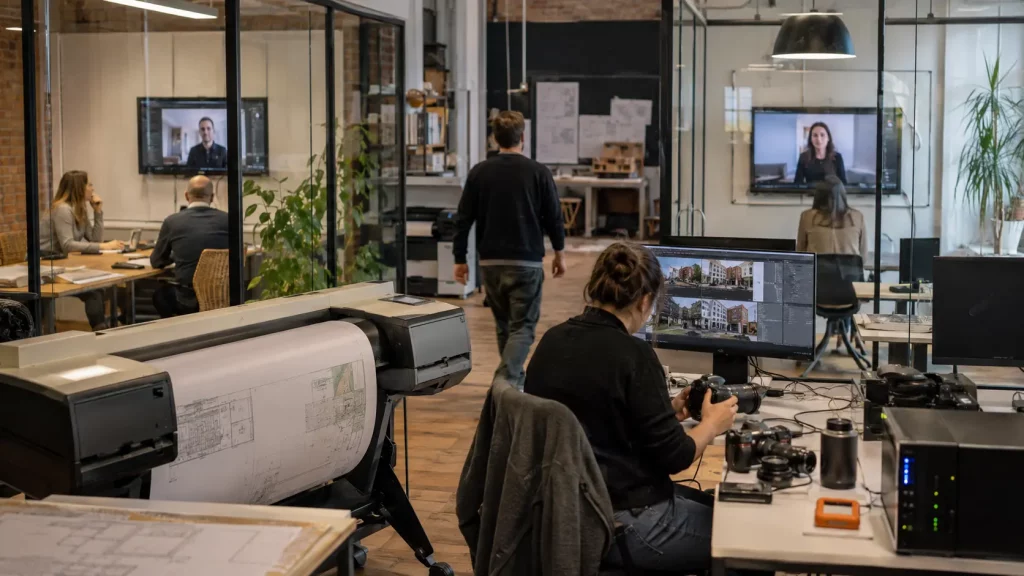 UK architectural studio running simultaneous video, print and high-resolution file workloads.
