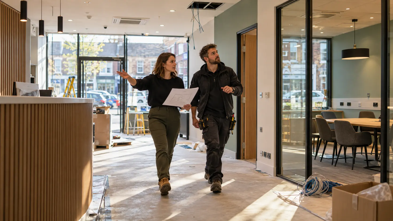 Operations lead and network specialist checking connectivity and Wi-Fi requirements in new business premises.