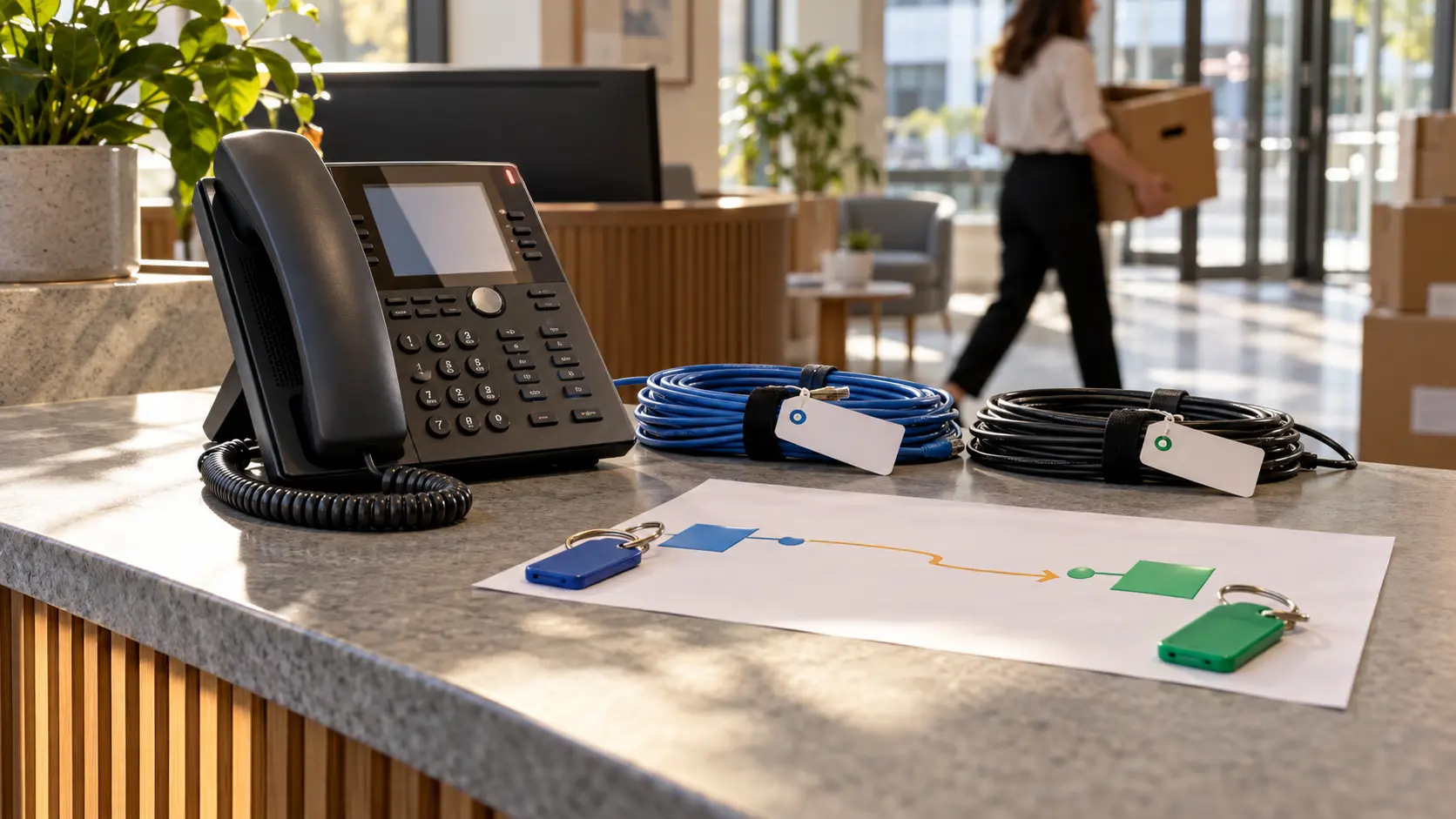 Business phone and routing details being organised during an office move.