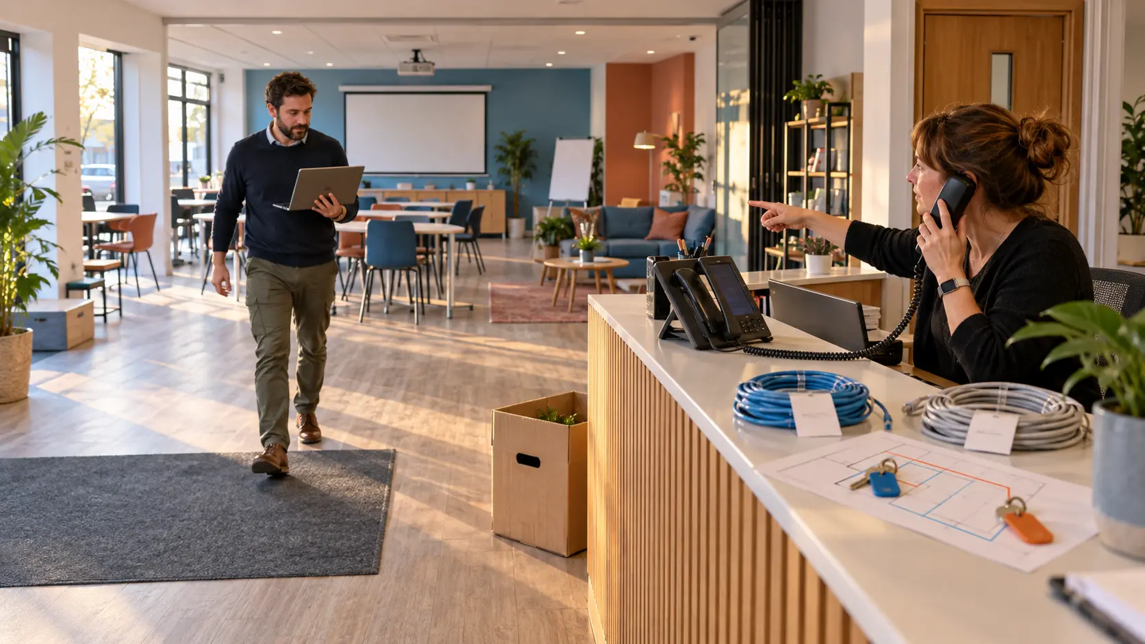 Staff testing business calls and connectivity before opening new premises.